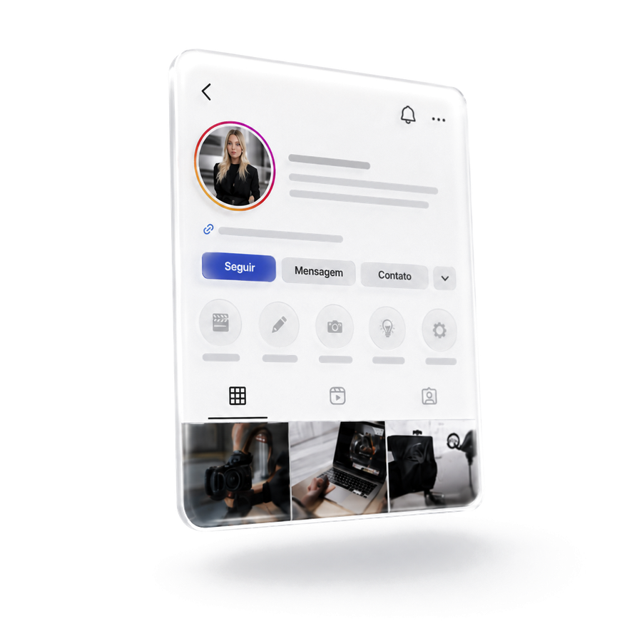 Perfil do Instagram em uma janela de vidro 3D, com foto de perfil, bio e destaques